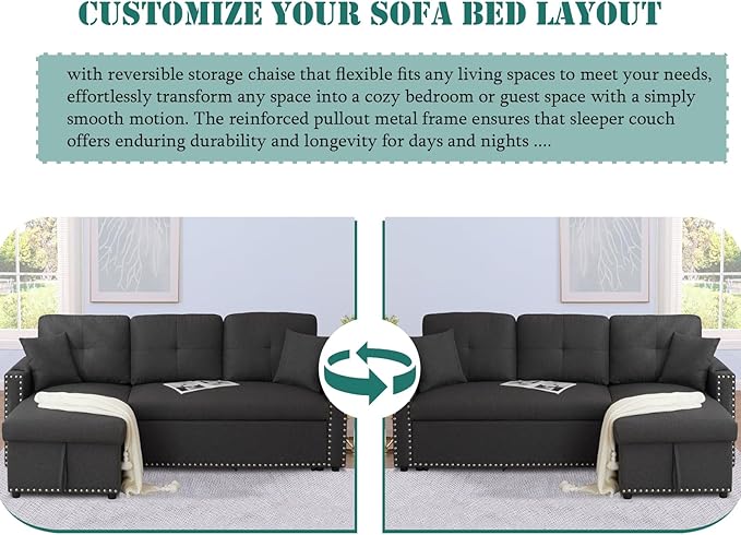 asunflower Small Sleeper Sofa with Pull Out Couch 83 Convertible Sofa Bed with Storage L-Shaped Sectional Sleeper with Cup Holders 3-Seater Couch Bed for Small Spaces Bedroom Offices Dark Grey