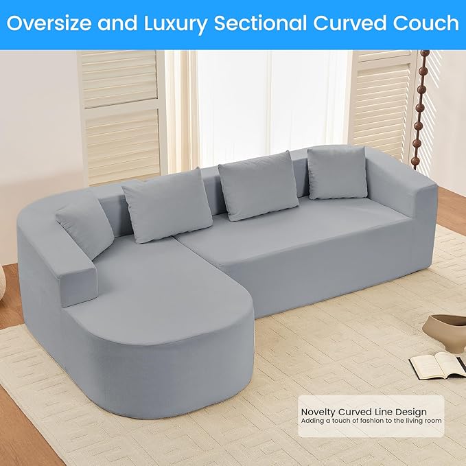 PUREMIND 98 L Shaped Sectional Couches for Living Room Boneless Comfy Modern Sofa Cloud Sectional Modern Sleeper Couch with Chaise for Bedroom Apartment No Assembly Required (Light Grey)