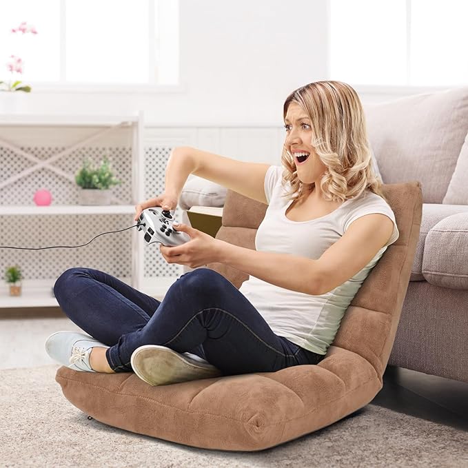 14-Position Floor Sofa Folding Gaming Sofa Chair Comfy Cushions &amp Study Steel Frame Angle Adjustable Sleeper Bed Couch Recliner (Tan)