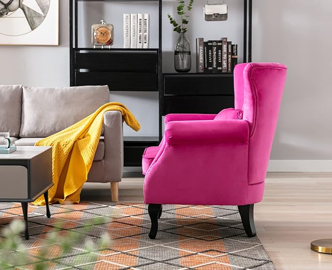 Kmax Rose Accent Chair Velvet Wingback Chair with Pillow Nail-Head Channel Tufted Oversized Club Chair for Living Room Bedroom Guest Room