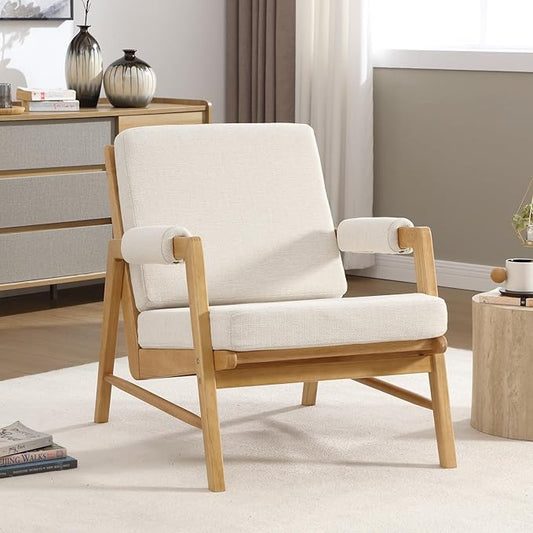HEAH-YO Modern Accent Chair Upholstered Linen Fabric Living Room Chair with Wooden Frame Comfy Armchair with Thick Cushion for Bedroom Balcony Beige