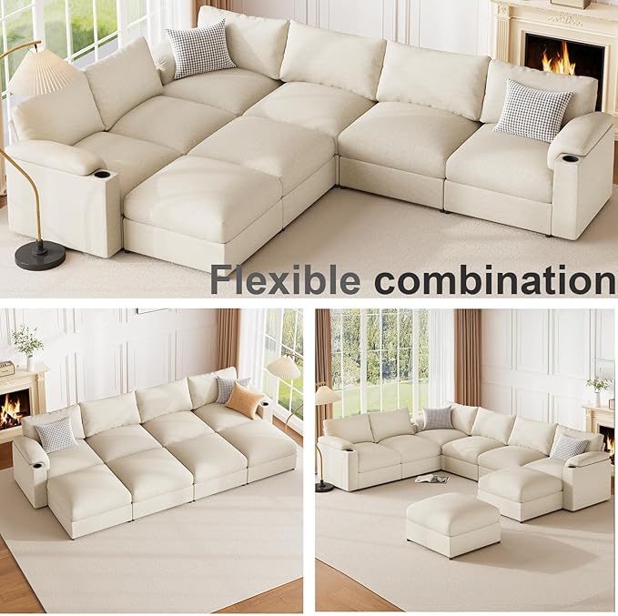Sectional Couches for Living Room FSC Certified Velvet Modular Couch Oversized Cloud U Shaped Convertible Sleeper Sofa Chaise Detachable Armrest Cushio (Chenille Beige U Shape 8 Seat)