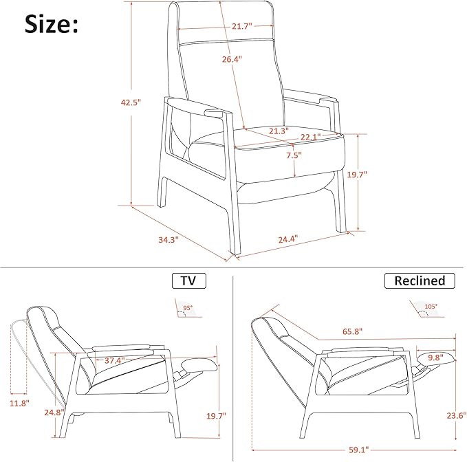 MCombo Pushback Recliner Chair with Wooden Armrests Upholstered Single Sofa Accent Chair for Living Room and Office Fabric MR097 (Coffee)