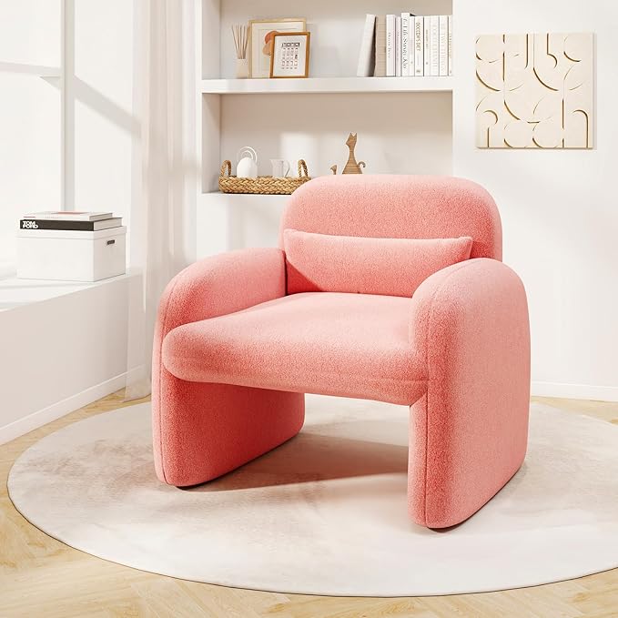 Giantex Modern Accent Chair for Living Room Sherpa Fabric Upholstered Armchair w/Waist Pillow Comfy Reading Chair w/Armrests Small Single Sofa for Bedroom Reception Apartment Office Pink