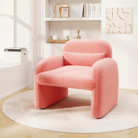 Giantex Modern Accent Chair for Living Room Sherpa Fabric Upholstered Armchair w/Waist Pillow Comfy Reading Chair w/Armrests Small Single Sofa for Bedroom Reception Apartment Office Pink