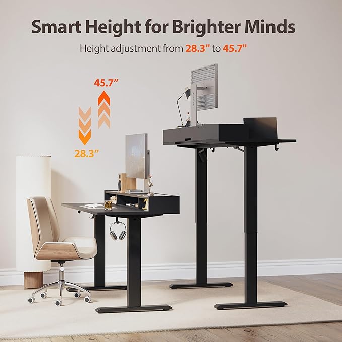 Agilestic Glass Standing Desk with Storage 48 Inch Electric Adjustable Desk with Glass Shelf Sit Stand Up Home Office Computer Table Splice Board Black