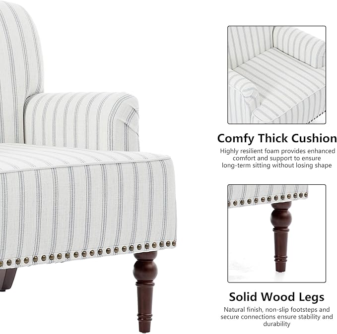 Accent Chair Mid Century Modern Comfy Armchair for Living Room Linen Fabric Single Sofa Lounge for Reading Bedroom Apartment Waiting Room with Wood Legs (Pinstripe Light Blue Set of 1)