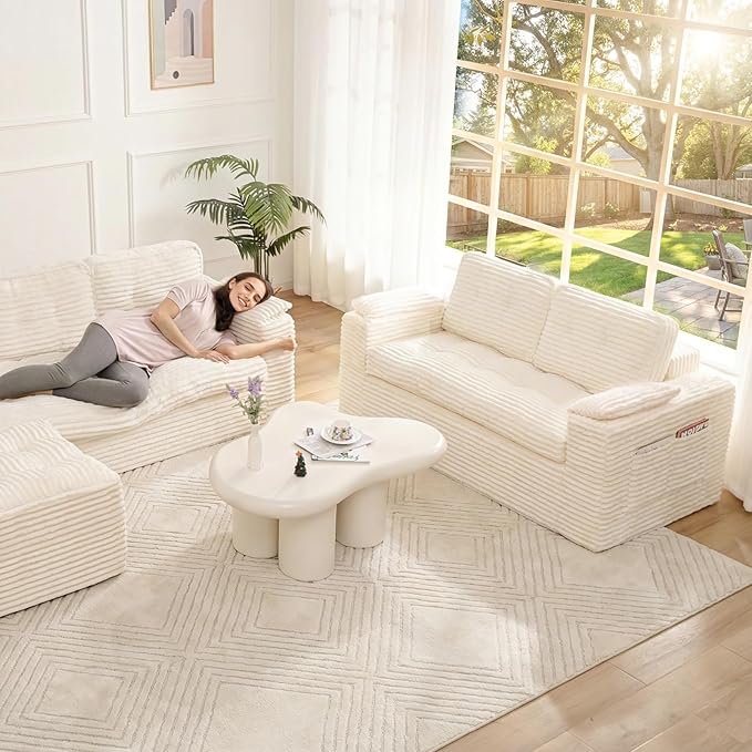 Boneless Loveseat 2 Seater Deep Seat Loveseat Sofa with Wide‑Wale Corduroy for Small Spaces &amp Living Room 60” Width No Assembly Washable Cover Beige