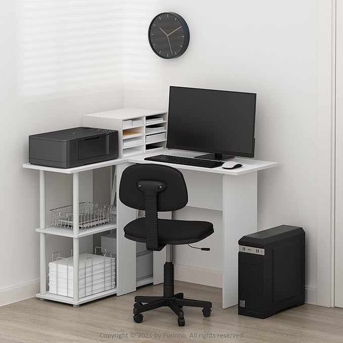 Furinno Abbott L-Shape Desk with Bookshelf 41.14 (W) x 28.94 (H) x 34.45 (D) inches White/White