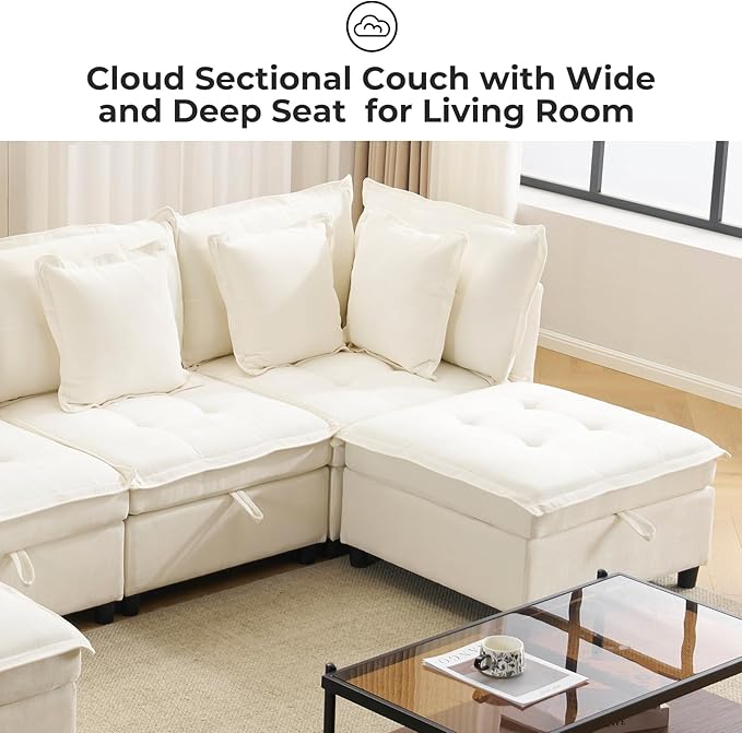 103 Modular Sectional Sofa L-Shaped Corduroy Comfy Sectional Couches for Living Room 3-Seater Cloud Couches with 1 Ottoman Modern Deep Seat Sofa with Large Storage Beige
