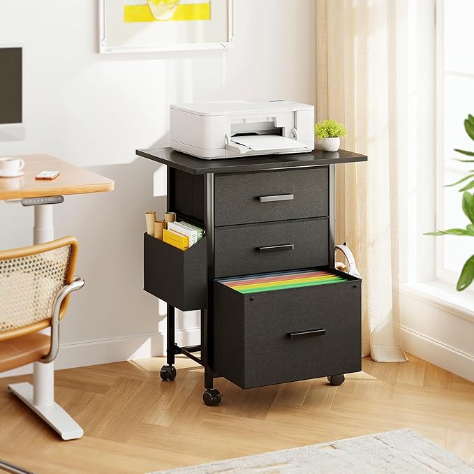 Mexin 3 Drawer File Cabinet with 24'' Extended Desktop Mobile Filing Cabinet Printer Stand Rolling Printer Stand with Side Bag Fabric Drawer Fits A4 Size Home Office Black