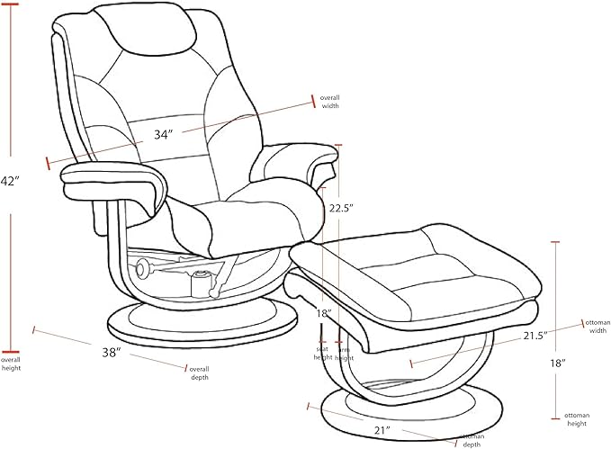 Pemberly Row Stressless Recliner with Ottoman in Brown Leather Manual Swivel Recliner Chair for Living Room Comfort