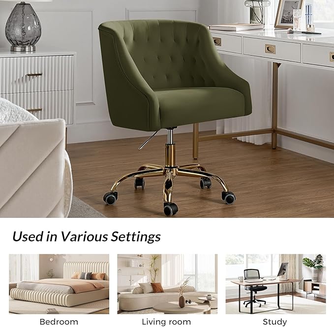 TINA'S HOME Velvet Home Office Chair with Gold Base Comfortable Modern Cute Desk Chair Adjustable Swivel Task Chair for Living Room Bedroom Vanity Study Moss