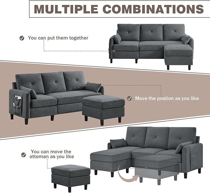 Small Sectional Sofa 3 Seat L-Shaped Couch Convertible Sectional Sofa with Reversible Chaise Modern Linen Fabric Sofa Couches for Living RoomSmall Apartment Dark Grey