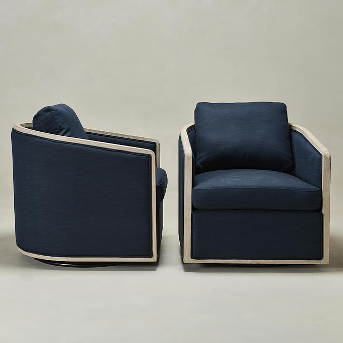 KINWELL Set of 2 Oak Wood Frame Modern Performance Fabric Swivel Barrel Armchair Mid Century Upholstered Accent Sofa Chair with Pillow Back for Living Room Lounge &amp Bedroom Indigo