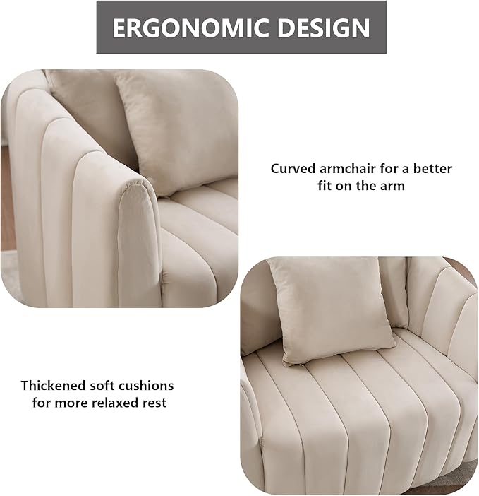 Modern Accent Chair with 3 PillowsBeige Swivel Barrel Chairs for Living RoomOversized Barrel Chair 360 (Beige + Velvet)