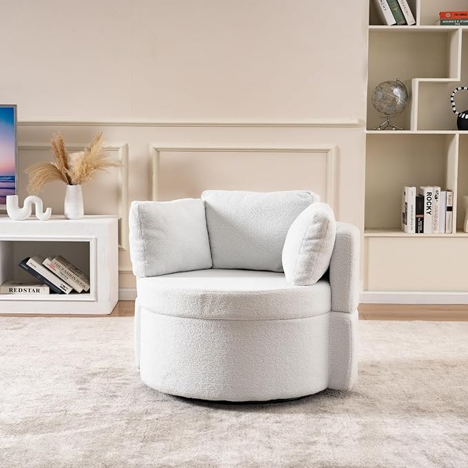 FOXHUNTER Swivel Barrel Chair 360 Degree Swivel Round Storage Chair with 3 Pillows Oversize Teddy Swivel Accent Chair Comfy Single Sofa Chair for Nursery Living Room Bedroom (Ivory)
