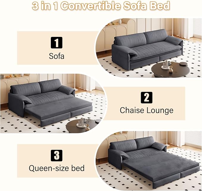 Homy Casa 66 3-in-1 Convertible Sofa Bed Queen Size Pull-Out Bed with Side Storage Velvet Loveseat Modern Sleeper Sofa for Living Room Office or Guest Room (Grey)