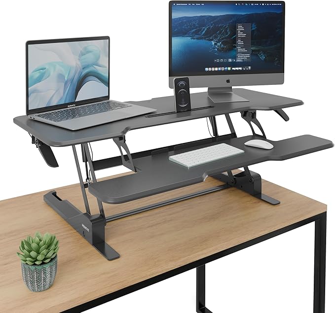 Mount-It! 47 Standing Desk Converter XL Desktop Sit-Stand Desk Riser with Gas Spring Height Adjustment Wide Desk Topper for Dual Monitors or Monitor &amp Laptop Keyboard Tray Black