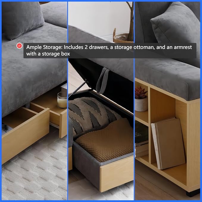 Sofa 84.65 Convertible Sofa Bed with Storage Ottoman Adjustable Armrest &amp Coffee Table - Perfect for Small Apartments 2 Drawers Soft Cotton Linen Fabric Solid Wood FrameGray