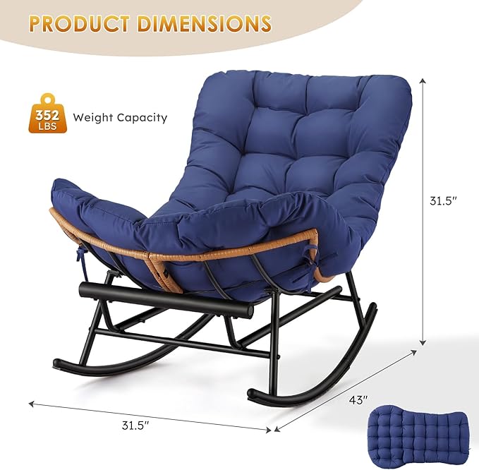 GAOMON Papasan Rocking Chair with Foot Rest Papasan Chair with Thick Removable Cushion and Metal Frame Lounge Chairs and PE Rattan Rocker for Patio Garden Lawn Living Room and Relaxation Space