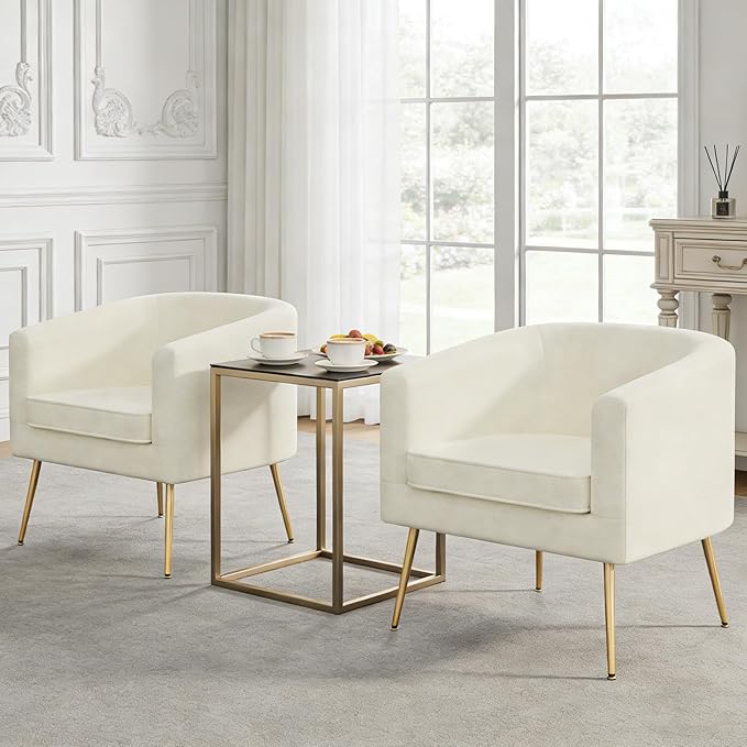 Velvet Barrel Chair Modern Accent Chair Set of 2 with Metal Sturdy Legs Club Chair Comfy Armchair Modern Tub Chair for for Living Room Bedroom Waiting Room White