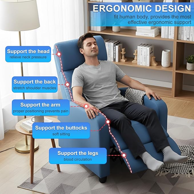 BestMassage | Recliner Chair | No Massage Function | Textile Blue | with Lumbar Support Adjustable Push Back Wide Armrests Footrest &amp Padded Seat | Easy Assembly | for Living Room Home Theatre