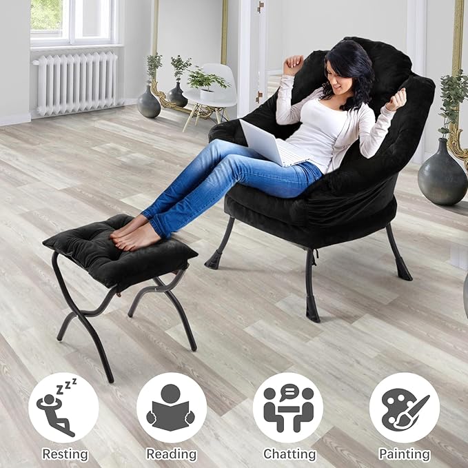 Lazy Chair with Folding OttomanLeisure Sofa ChairSoft Fabric Armchair with Armrests and Side Pockets Reading Chair with Footrest for Living Room Bedroom Office (Plush Black)