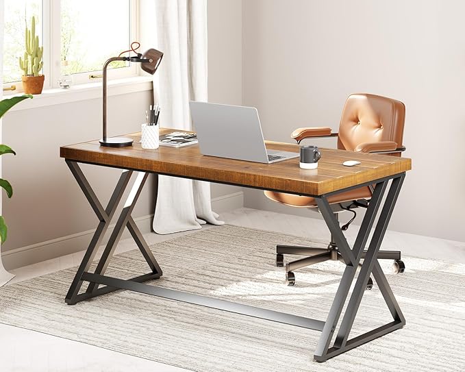 Real Wood Computer Desk Modern Natural Wood Home Office Desk Rustic Solid Wood Work Study Writing Desk Farmhouse Workstation PC Gaming Executive Table for Bedroom Brown 47 inch
