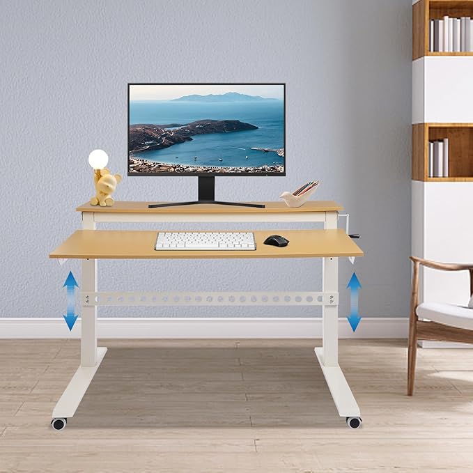 2-Tier Standing Desk with WheelsHeight Adjustable Standing Desk with Monitor StandMobile Computer Workstation for Home Office