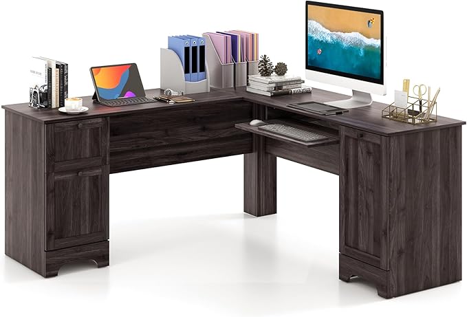Nightcore L-Shaped Desk Home Office Desks with Keyboard Tray &amp Drawers Gaming Desk with Storage &amp Adjustable Shelf Corner Desk for Small Space Space-Saving Work Desk for Home Office (Dark