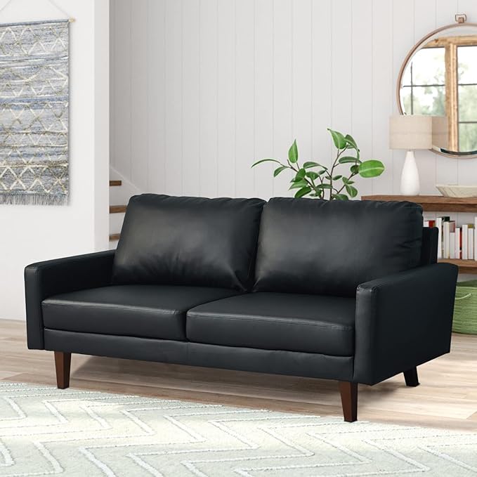 Faux Leather Sofa Mid-Century Modern Couch with Wooden Legs for Living Room Office Black
