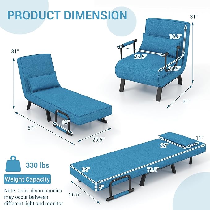 HOMGX 4-in-1 Convertible Sofa Chair Bed Leisure Recliner Sleeper w/ 6 Adjustable Position Backrest Lounge Seat Folding Sofa Bed w/High Elastic Sponge Ideal for Home Office (Blue)