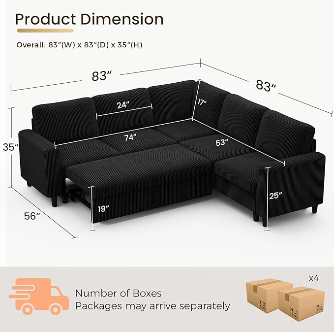 KKL Sleeper Sofa with Pull Out Bed Corduroy Sectional Couches for Living Room Modular Sectional Sofa with Storage L Shaped Sectional Sleeper Sofa Couch Black