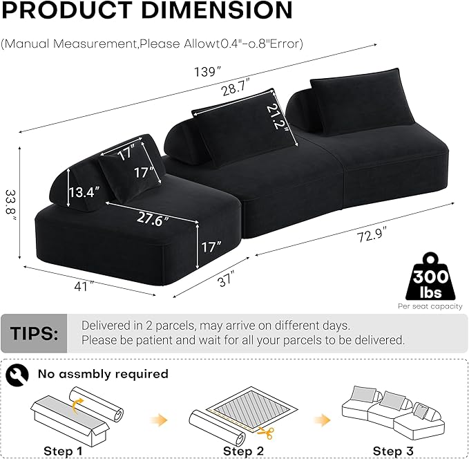 139 Modern Curved Sofa Cloud Sectional Couch with Adjustable Backrest Oversized Deep Seat Compressed Couch for Living Room Apartment No Assembly Required Chenille Fabric (Dark Grey)