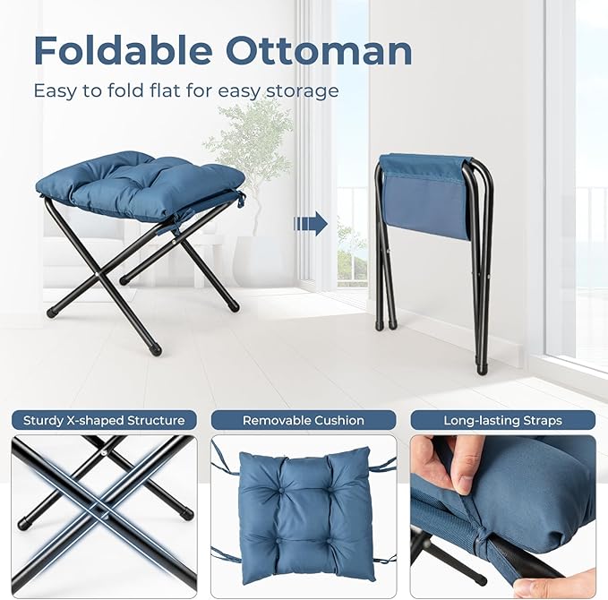 KOMFOTT Lazy Chair with Ottoman Leisure Upholstered Reading Sofa Chair with Armrests &amp Side Pocket Modern Lounge Accent Chair with Folding Footrest for Living Room Bedroom Balcony Blue