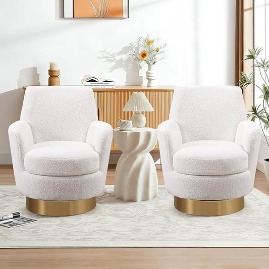SLEERWAY 360° Swivel Barrel Chair Set of 2 28.3 Modern Teddy Round Accent Chair Comfy Upholstered Small Armchair with Gold Metal Base for Living Room Bedroom Nursery Office Sillas para Sala Ivory