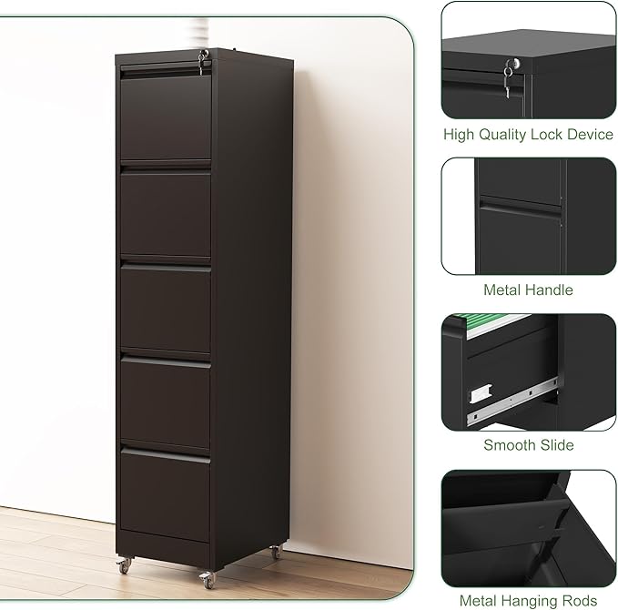 5-Drawer Mobile File Cabinet - Black Vertical Metal Filing Cabinet with Lock Wheels for Home Office Adjustable Legal/Letter Size Storage 64.17 H