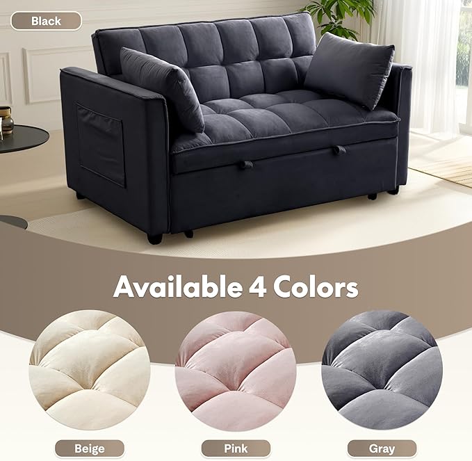 FLEXISPOT XCT4 Pull Out Couch 3-in-1 Sleeper Sofa Bed with Adjustable Backrest Loveseat Sleeper with Pillows &amp Side Pockets Convertible Futon Couch for Small Spaces Guest Room Apartment Black