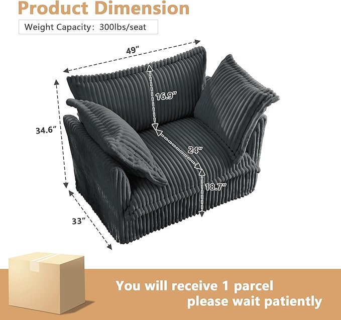 Modern Single Sofa Chair 49 Slipcovered Armchair Oversized Upholstered Accent Chair Comfy Cloud Deep Seat Sofa Chair with 2 Throw Pillows for Living Room Bedroom Apartment Corduroy Grey