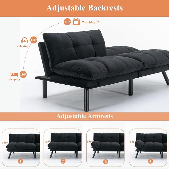 Anwick Futon Sofa Bed Velvet Convertible Futon Sleeper Couch 71 Sleeper Sofa Bed with Adjustable Backrest Modern Loveseat Couch for Compact Living Room Apartment Office (Black-New)