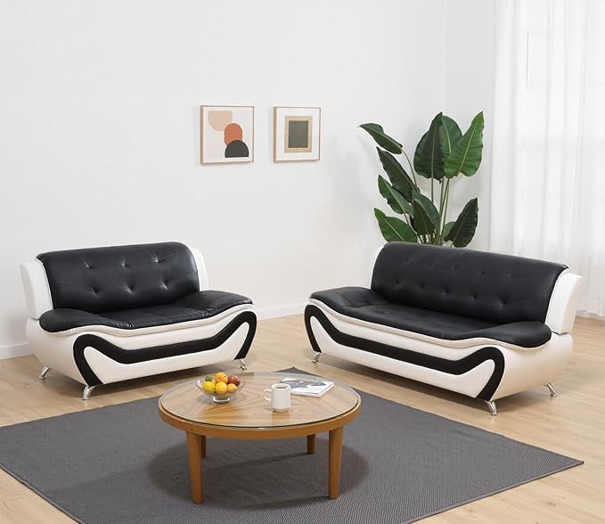 Leather Couch SetLeather Sectional Sofa for Living Room Furniture Sets Sofa and Loveseat Sets 2-Piece for Living Room/Office/Bedroom/Apartment(Black &amp White)