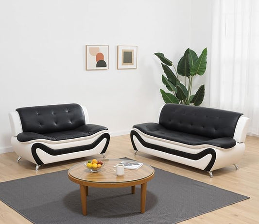 Leather Couch SetLeather Sectional Sofa for Living Room Furniture Sets Sofa and Loveseat Sets 2-Piece for Living Room/Office/Bedroom/Apartment(Black &amp White)