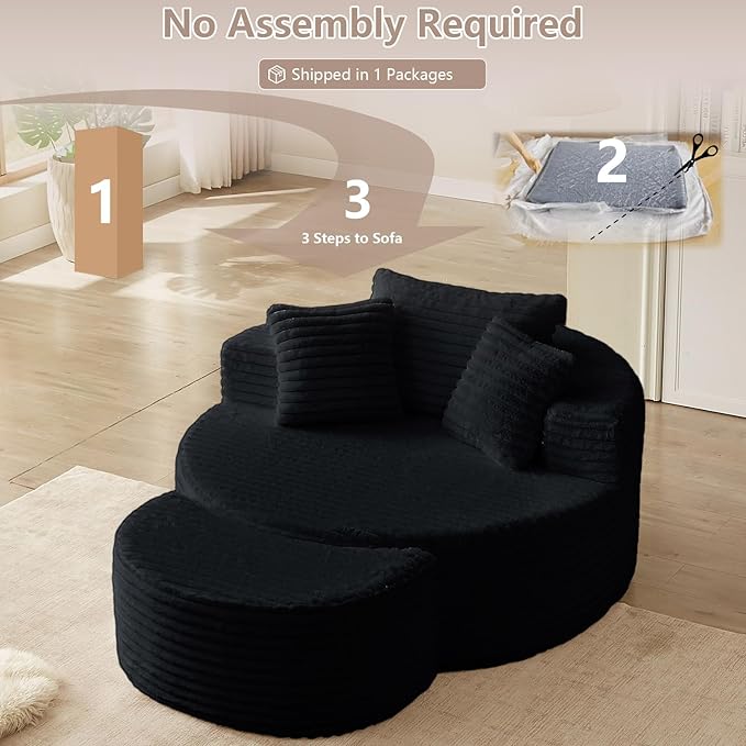 74.6 Oversized Round Chaise Lounge Chair with Ottoman Indoor Fluffy Upholstered Corduroy Deep Seat Large Boneless Circle Couch Sofa Chairs for Living Room Bedroom No Assembly Required Black