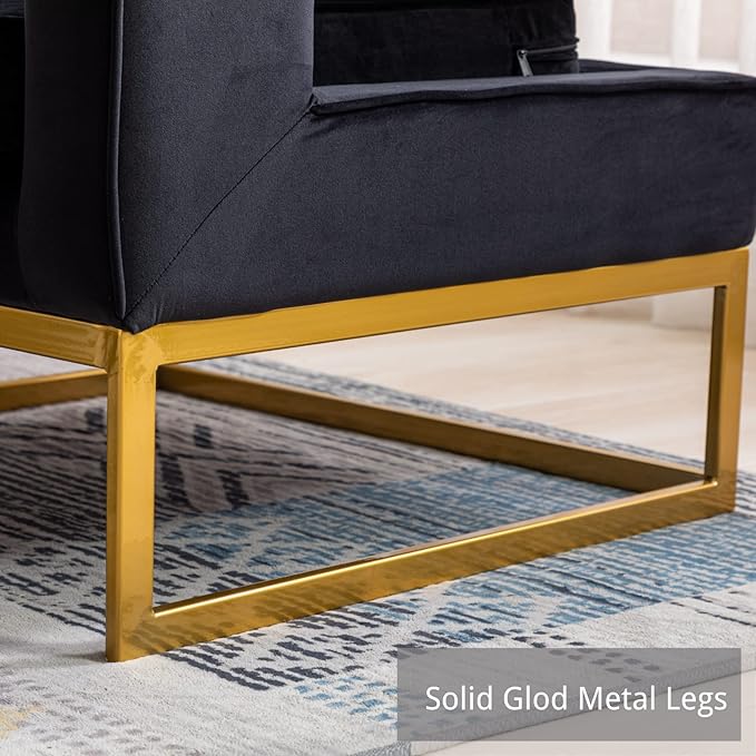 HEAH-YO Modern Accent Chairs Set of 2 Comfy Upholstered Living Room Chairs with Armrests and Golden Metal Legs Modern Side Chairs for Living Room Bedroom Black