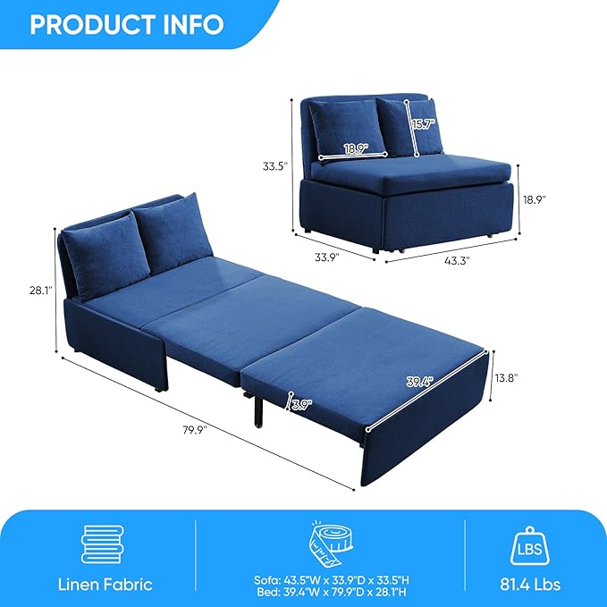 Mjkone 43 Width Twin Size Sleeper Sofa Bed 2-in-1 Modern Convertible Linen Sofa Sleeper Pull Out Couch Bed with Cushions &amp Throw Pillows for Living Room Home Office Small Place Blue