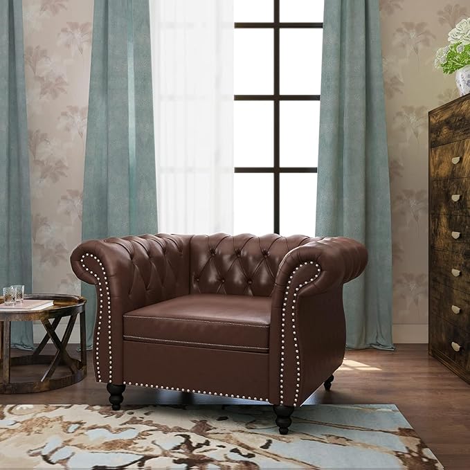 AVZEAR Leather Upholstered Armchair Single Sofa Chair with Rolled Arms and Nailhead Mid-Century Modern Tufted PU Chesterfield Chair for Living Room Bedroom Office Apartment PU Brown