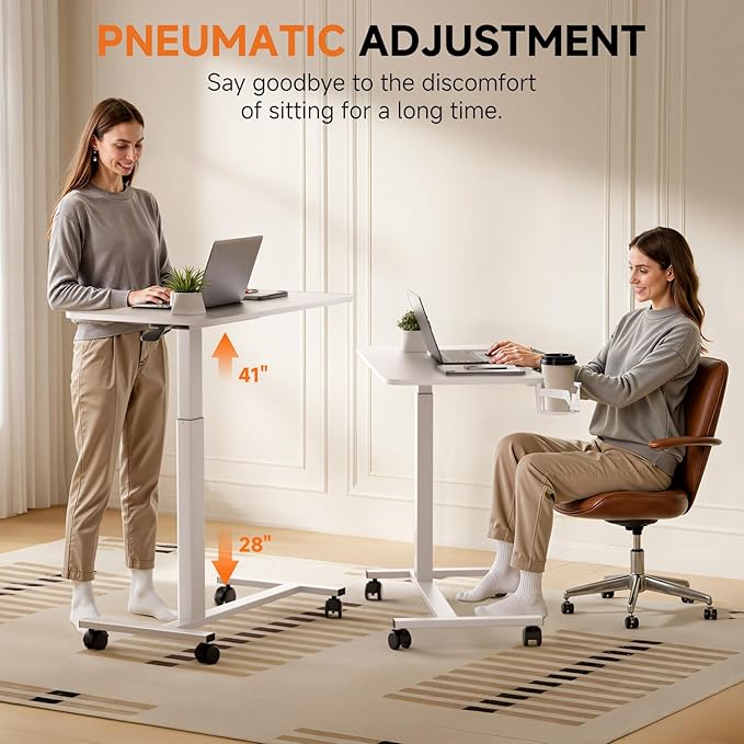 GTPLAYER Small Standing Desk with Lockable Wheels Pneumatic Mobile Rolling Laptop DeskAdjustable Height Overbed Bedside Table Computer Workstation for Home Office (28 W x 16 D White)
