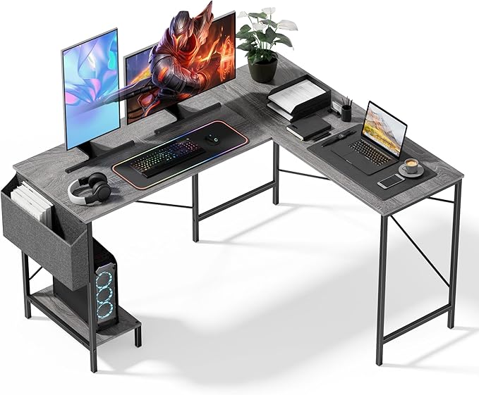 Simple Deluxe 50 Reversible L Shaped Desk – Space-Saving Corner Workstation with Wood Surface Sturdy Metal Frame &amp Side Storage for Home Office Gaming Writing &amp Studying
