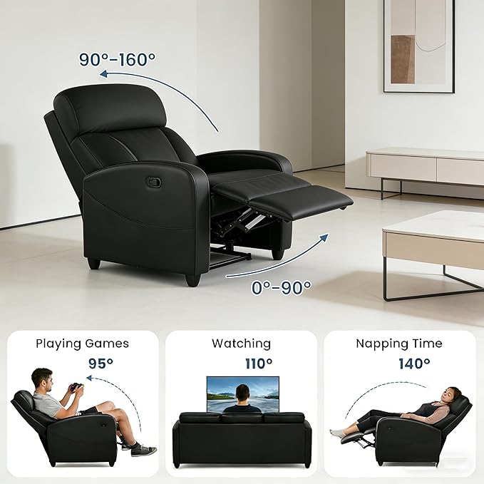 Simple Deluxe Massage Recliner Chair - Adjustable PU Leather Recliner Luxe Reading Chair &amp Sofa Chair for Living Room Chairs or Bedroom Chair Small Recliner for Home Theater Black